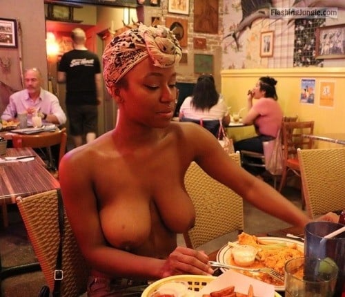 Public Nudity Pics Public Flashing Pics Boobs Flash Pics - Topless girl big ebony tits at restaurant