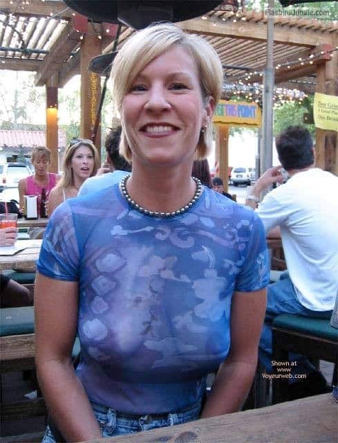 mature public - A mature wearing a sheer blouse in public is so HOT! - Boobs Flash Pics