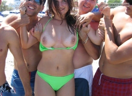 Teen in Green bikini top sharking teen public flashing boobs flash
