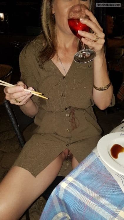 licking restaurant gif - Andrea in Chinese restaurant: No underwear while drink wine - MILF Flashing Pics