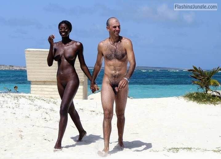 African ebony girl and white guy naked walk voyeur public nudity nude beach
