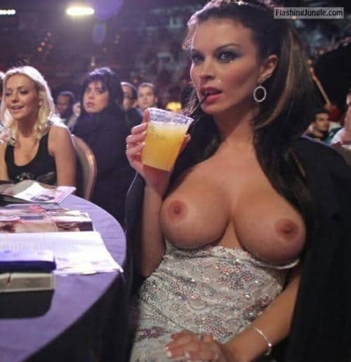 Bitch Flashing Pics: Luxury brunette drinking cocktail and flashing perfect round breasts