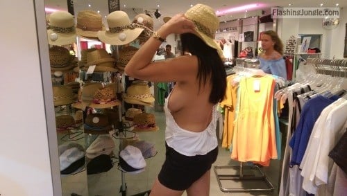 No bra sideboob Mimi trying on new hat voyeur flashing store boobs flash 