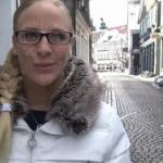 Public street cumwalk: Cute blonde with glasses