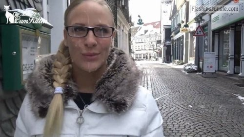 Public street cumwalk: Cute blonde with glasses bitch