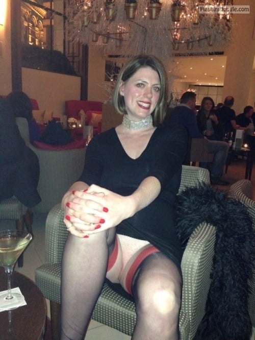 Pantyless smiling Milf red nails, red lipstick, red garters upskirt pussy flash public flashing no panties milf pics mature howife bitch