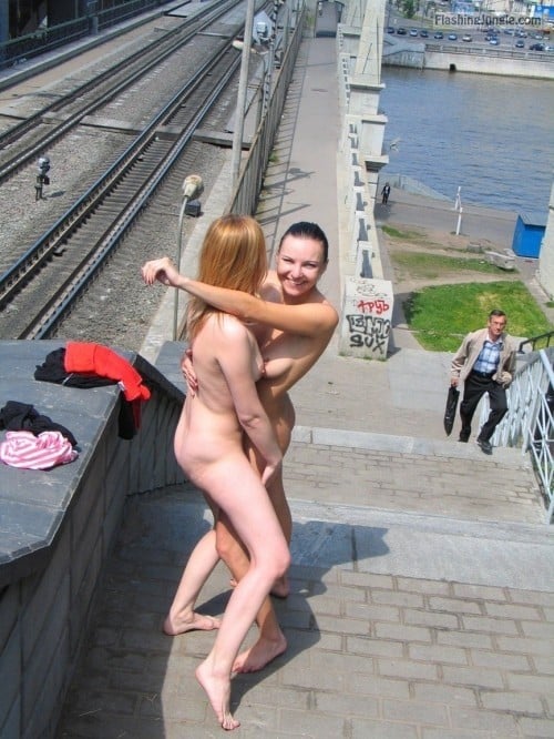 Public Nudity Pics - girls naked outdoors Hugging on rail bridge