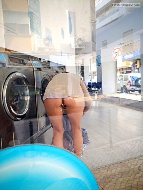 Caught pantyless at laundromat voyeur upskirt teen public flashing no panties ass flash