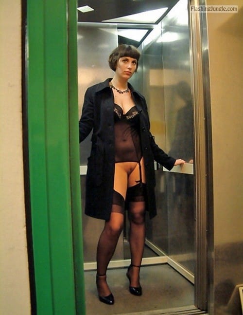 Pussy Flash Pics Public Flashing Pics No Panties Pics Bitch Flashing Pics - Pantieless in elevator: black sexy underwear under black coat