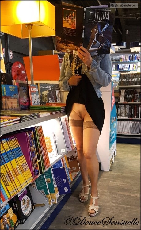 Upskirt Pics Pussy Flash Pics Public Flashing Pics No Panties Pics Flashing Store Pics - Pantyless at book store: stockings and hairy cunt
