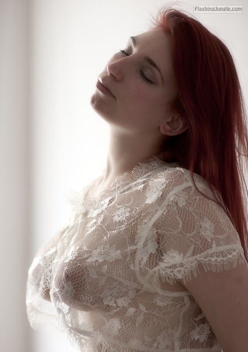 Redhead wife in lacy shirt puffy perfect titties boobs flash
