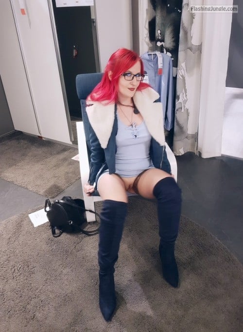 ann darcy redhead with glasses pantyless shopping upskirt pussy flash no panties flashing store