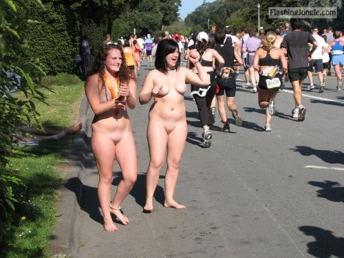 nakedgirlsdoingstuff: Marathon cheer squad. Follow me for more... public flashing