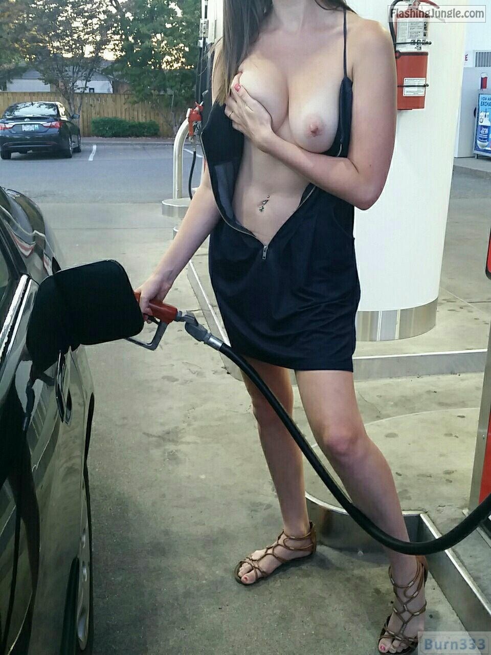 Public Flashing Pics - Filling tank and flashing big boobs on gas station