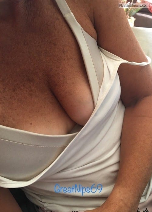 cleavage - greatnips69:Some GreatNips69 cleavage on a Saturday morning - Public Flashing Pics
