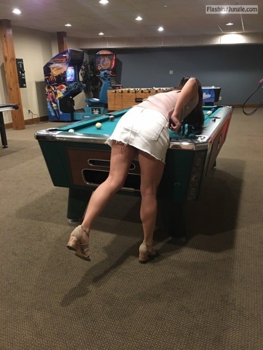 curly willow table skirt - Brunette in short skirt bends over the pool table - No Panties Pics