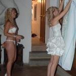 Lusty blonde bride in white panties and bra