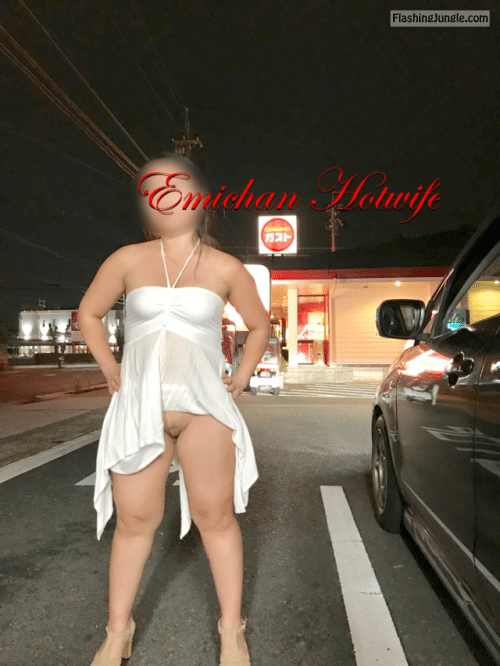 Public Flashing Pics No Panties Pics Hotwife Pics - Curvy wife in white dress flashes her muff