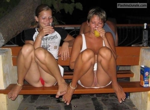 Bitch Flashing Pics: Pantyless Mom and daughter are flashing together