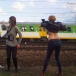 Two sluts flashing train