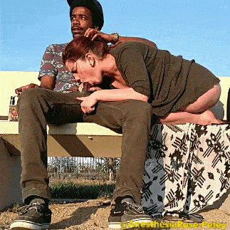Public Sex Pics Hotwife Pics Flashing GIFS - Wife eating big black stiff cock on public bench
