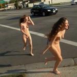 Teen exhibitionists girls running naked over the street