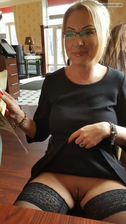 Luxury MILF in glasses flashing pantyless cunt at hotel lobby upskirt pussy flash public flashing no panties milf pics howife