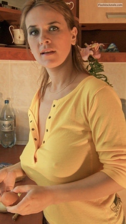 puffy pokies - Pokies in the kitchen no bra under yellow blouse - Hotwife Pics