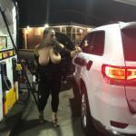 Huge tits out on gas station while refueling the car