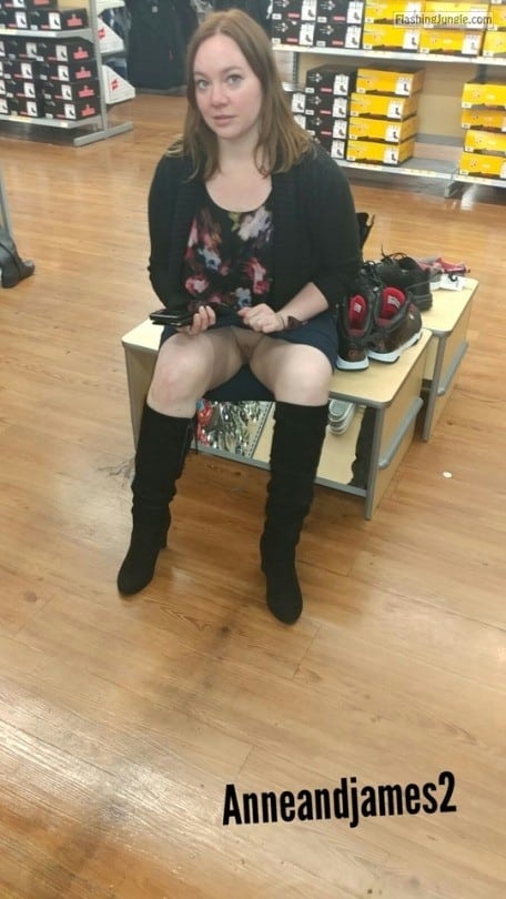 No Panties Pics - Pantyless at shoe store wife is looking at hubby and flashes cunt