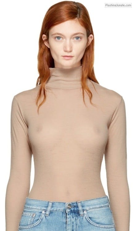 big breast long nipple tits boobs xxx - Redhead model nipples under see through turtleneck - Public Flashing Pics