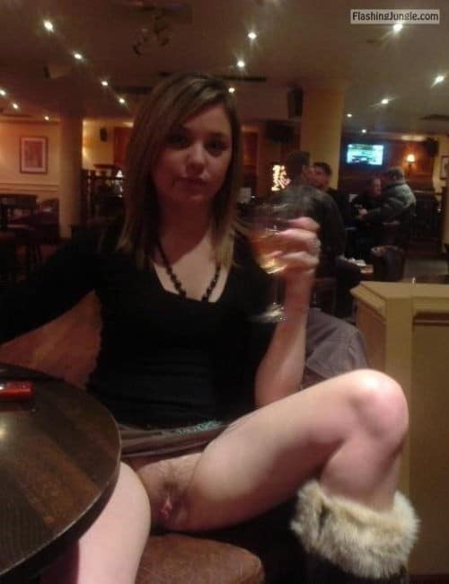 Public Flashing Pics - Teen drinking wine and flashing trimmed pussy at restaurant