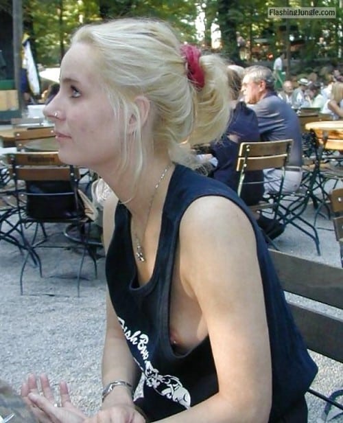 gorgeous blonde sideboob - Sideboob pierced nipple – blonde girl has no idea - Boobs Flash Pics