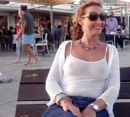 Public Flashing Pics - Braless in white see through tank top: Why does everybody stare at my wife