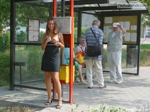 Public Flashing Pics - One boob flash at the bus stop in front of a few grandpas
