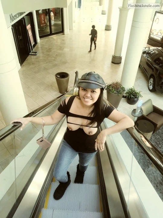 Mexican college girl boobs out on escalator public nudity