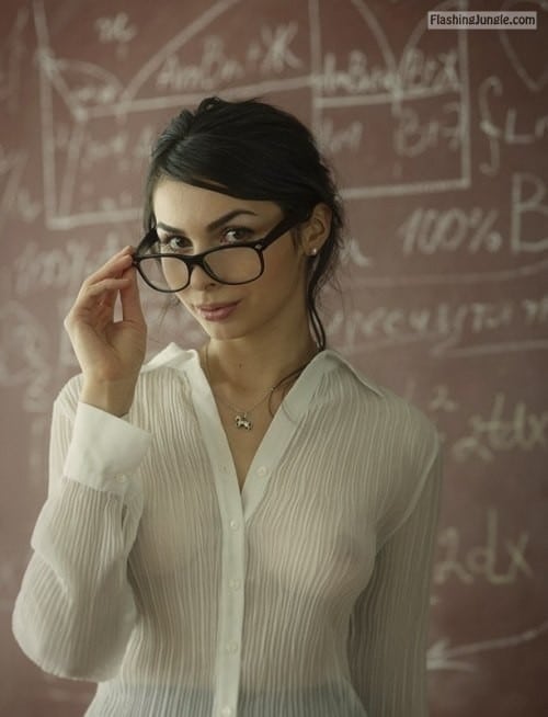 down blouse - Teacher’s boobs under white see through blouse Her nerdy glasses dare for some fresh cum - MILF Flashing Pics