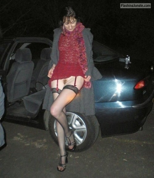 Public Flashing Pics - Italian wife Dogging – hairy pussy, stockings and heels under red lace dress