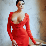 Luxury red evening dress with too big decolletage