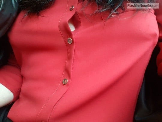 Pokies Pics: No bra under red blouse