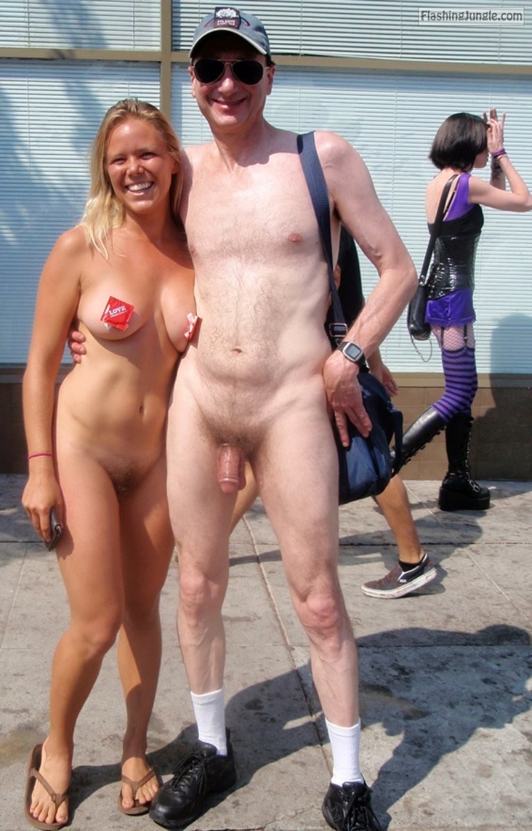 nudist pussy - Naked Couple flashing Folsom Street Fair, Exhibitionist Brucie Nude male flasher Exhibitionist Brucie caught exposing his dick nude in public with sexy naked blond girl, MILF flashing her boobs and pussy, San Francisco Folsom Street Fair or Bay to Breakers,... - Real Amateurs