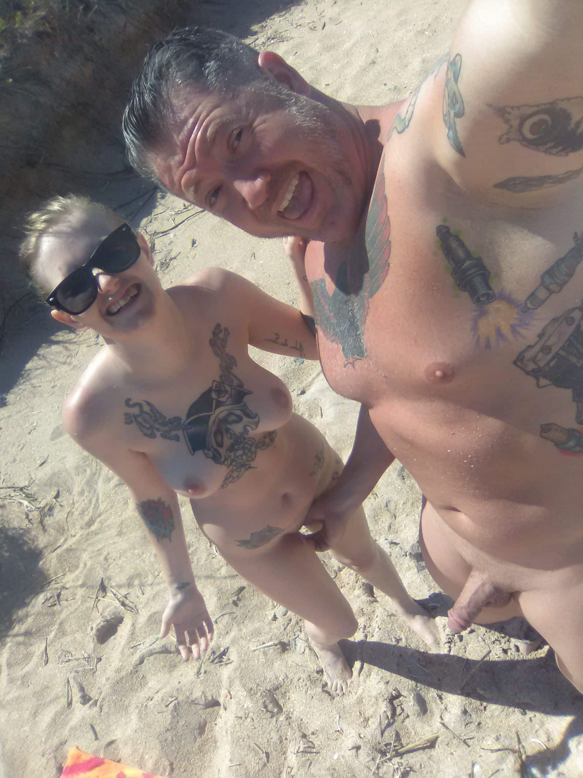 Tattooed exhibionist couple Outdoor selfie real nudity public nudity nude beach