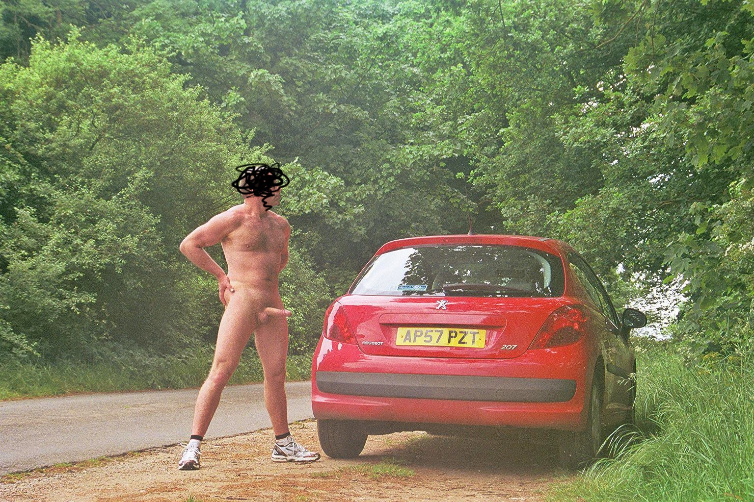 nude mature brunette hairy - Rural Roadside Flash: Mature Man’s Bold Display A 58-year-old man stands nude by a red car on a rural road, surrounded by tall green bushes and trees, making a bold statement of confidence and self-assurance. - Dick Flash Pics