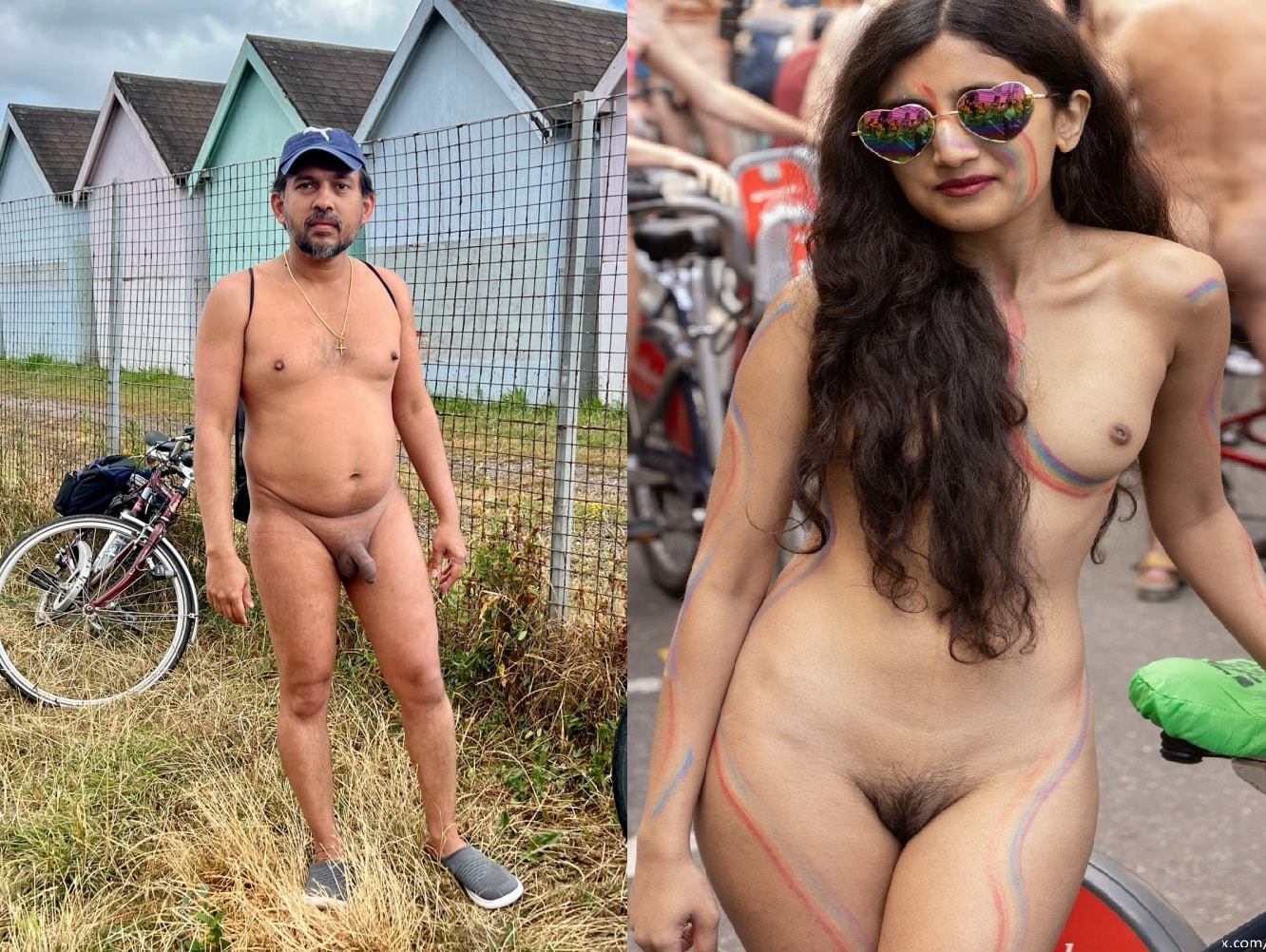 public bush porn - Can You Spot the Naked Couple in Public? A nude man and woman pose confidently in a public setting, showcasing natural nudity and body paint. No sexual acts are shown, focusing on public exposure an... - Dick Flash Pics