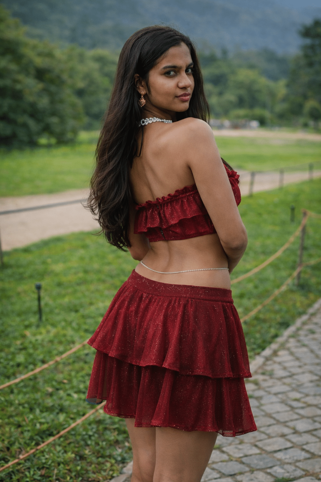 sex in the bush path photo - Grassy Path Voyeur: Teen Flashing A South Asian woman in a ruffled red mini skirt and strapless top is captured on a grassy path, her back turned, looking over her shoulder at the camera. Her... - Real Amateurs