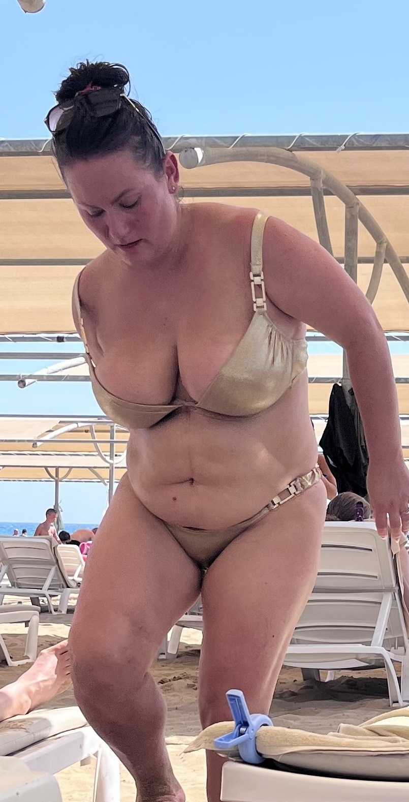 xxgasm beach milf slut vagina wide open - Beach MILF in Metallic Bikini: Sunny Day Flash Curvy MILF in metallic bikini stands under beach canopy, big boobs and thick thighs visible. Neutral expression, no sexual activity. - Boobs Flash Pics